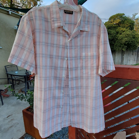 Triumph Men's XL short sleeve button up. Vintage. USA. Used. Pink/White plaid. - Picture 1 of 16